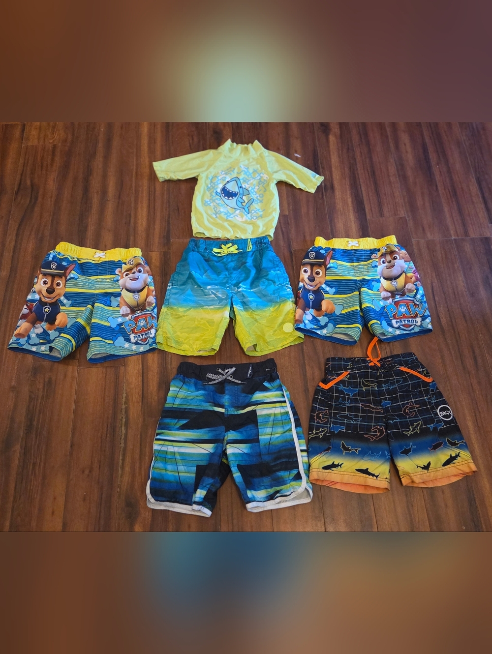 Kid's (6) Piece Paw Patrol Yellow & Blue & Shark Swim Trunks Shark Swim Shirt